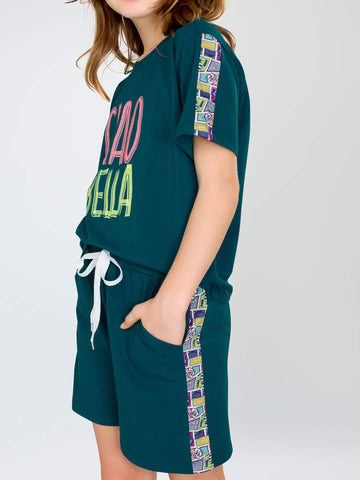 ZEYO Night Suit for Girl's Teal Green Typography Printed Cotton Night Dress of Top and Short's set