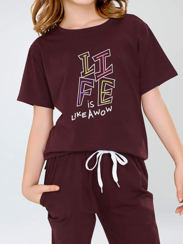 ZEYO Girl's Cotton Brown Typography Printed Night Suit Set of Top & Palazzo