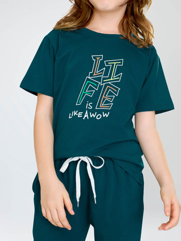ZEYO Girl's Cotton Teal Green Typography Printed Night Suit Set of Top & Palazzo