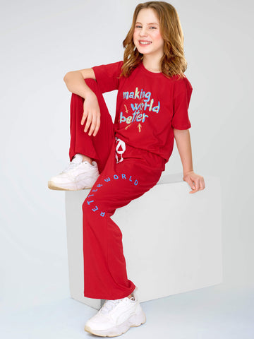 ZEYO Girl's Cotton Red Typography Printed Night Suit Set of Top & Palazzo