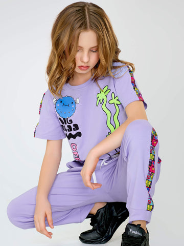 ZEYO Night Suit for Girl's Lavender Typography Printed Cotton Night Dress of Top and Joggers set