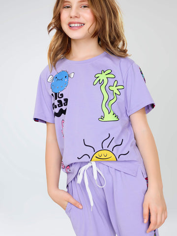 ZEYO Night Suit for Girl's Lavender Typography Printed Cotton Night Dress of Top and Joggers set