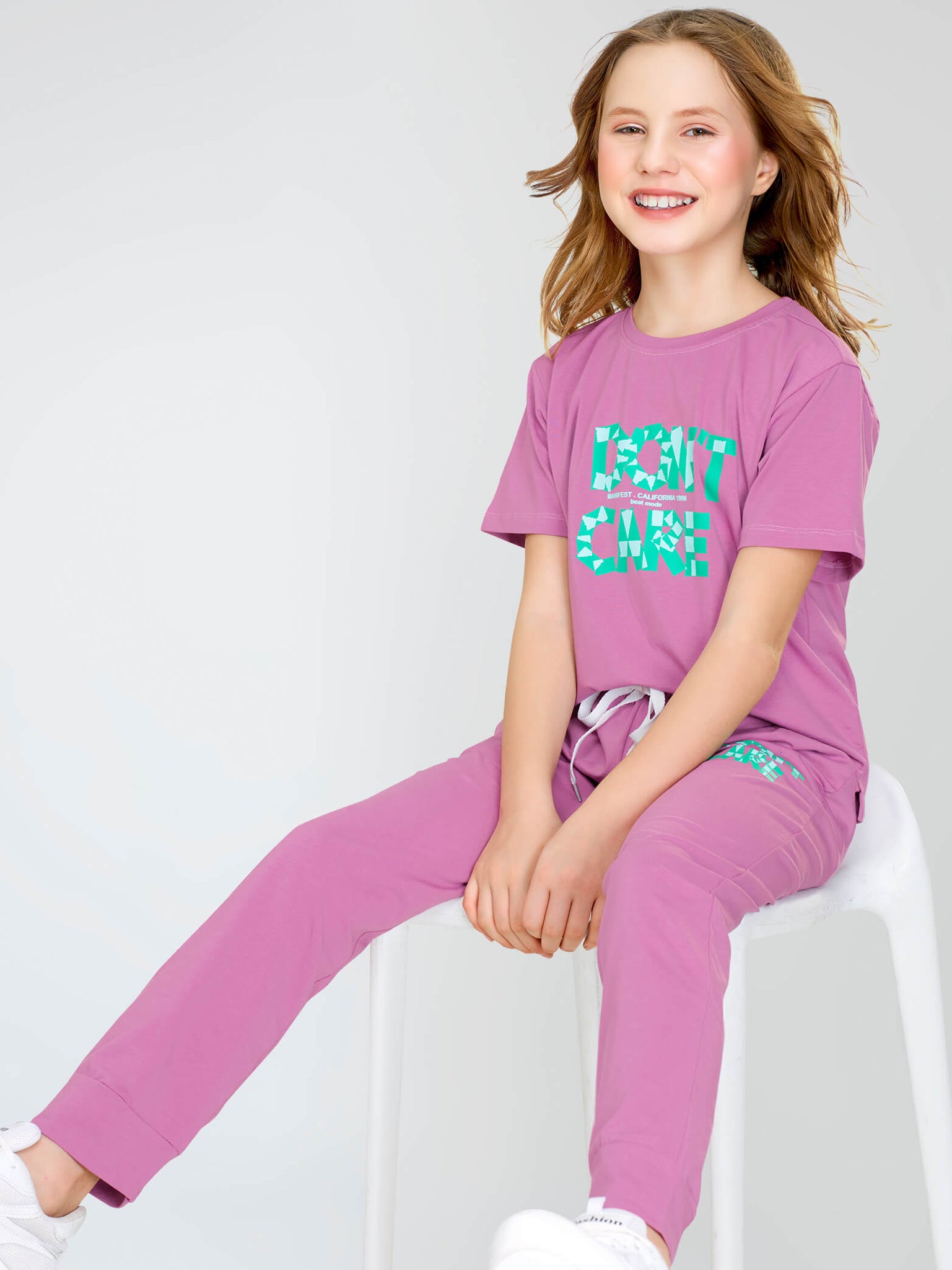 ZEYO Night Suit for Girl's Pink Mauve Typography Printed Cotton Night Dress of Top and Joggers set