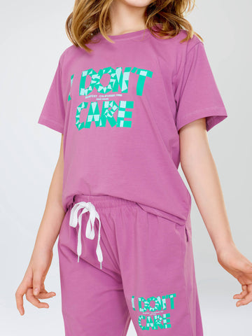 ZEYO Night Suit for Girl's Pink Mauve Typography Printed Cotton Night Dress of Top and Joggers set