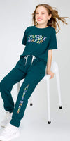 ZEYO Night Suit for Girl's Teal Green Typography Printed Cotton Night Dress of Top and Joggers set