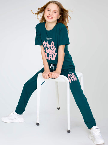 ZEYO Night Suit for Girl's Teal Green Typography Printed Cotton Night Dress of Top and Joggers set