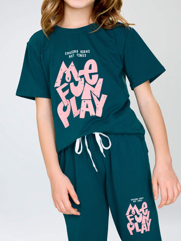 ZEYO Night Suit for Girl's Teal Green Typography Printed Cotton Night Dress of Top and Joggers set