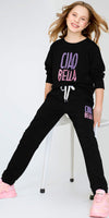 ZEYO Night Suit for Girl's Black Typography Printed Cotton Night Dress of Top and Joggers set