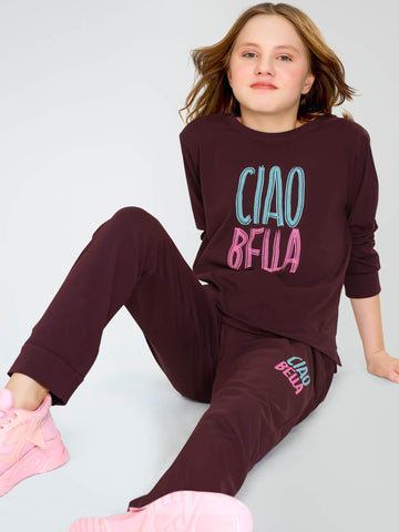 ZEYO Night Suit for Girl's Brown Typography Printed Cotton Night Dress of Top and Joggers set