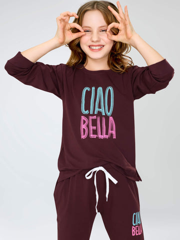 ZEYO Night Suit for Girl's Brown Typography Printed Cotton Night Dress of Top and Joggers set