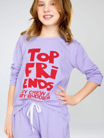 ZEYO Night Suit for Girl's Lavender Typography Printed Cotton Night Dress of Top and Joggers set