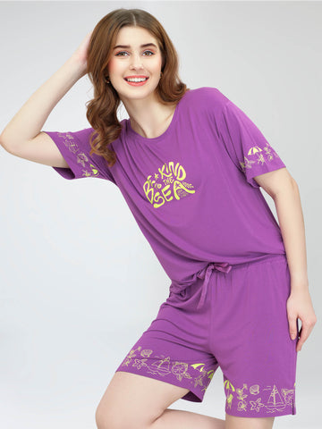 ZEYO Women's Viscose Purple Printed Night Suit Set of Top & Shorts