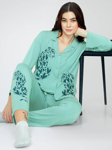 ZEYO Women's Viscose Green Leopard Printed Night Suit Set of Shirt & Pyjama