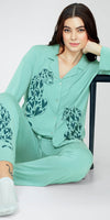 ZEYO Women's Viscose Green Leopard Printed Night Suit Set of Shirt & Pyjama