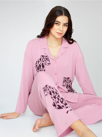 ZEYO Women's Viscose Pink Leopard Printed Night Suit Set of Shirt & Pyjama