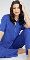 ZEYO Women's Viscose Blue Dot Printed Night Suit Set of Shirt & Pyjama