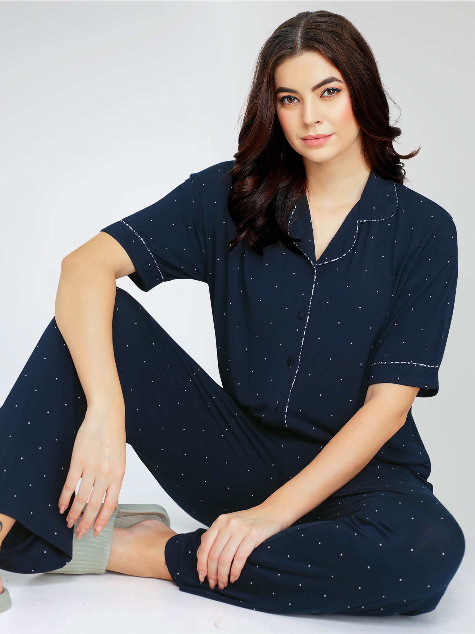 ZEYO Women's Viscose Navy Blue Dot Printed Night Suit Set of Shirt & Pyjama