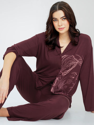 ZEYO Women's Viscose Brown Printed Night Suit Set of Shirt & Pyjama