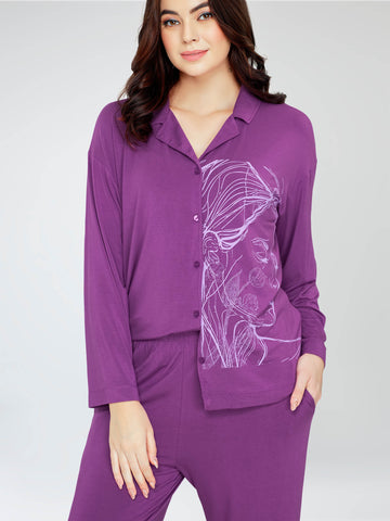 ZEYO Women's Viscose Purple Printed Night Suit Set of Shirt & Pyjama