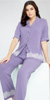 ZEYO Women's Viscose Violet Floral Printed Night Suit Set of Shirt & Pyjama