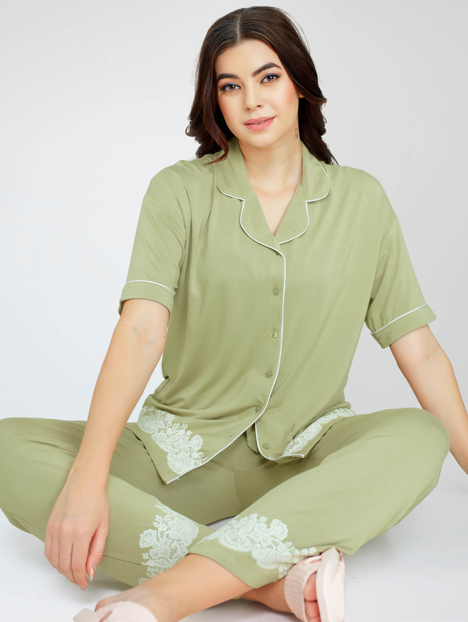 ZEYO Women's Viscose Olive Floral Printed Night Suit Set of Shirt & Pyjama