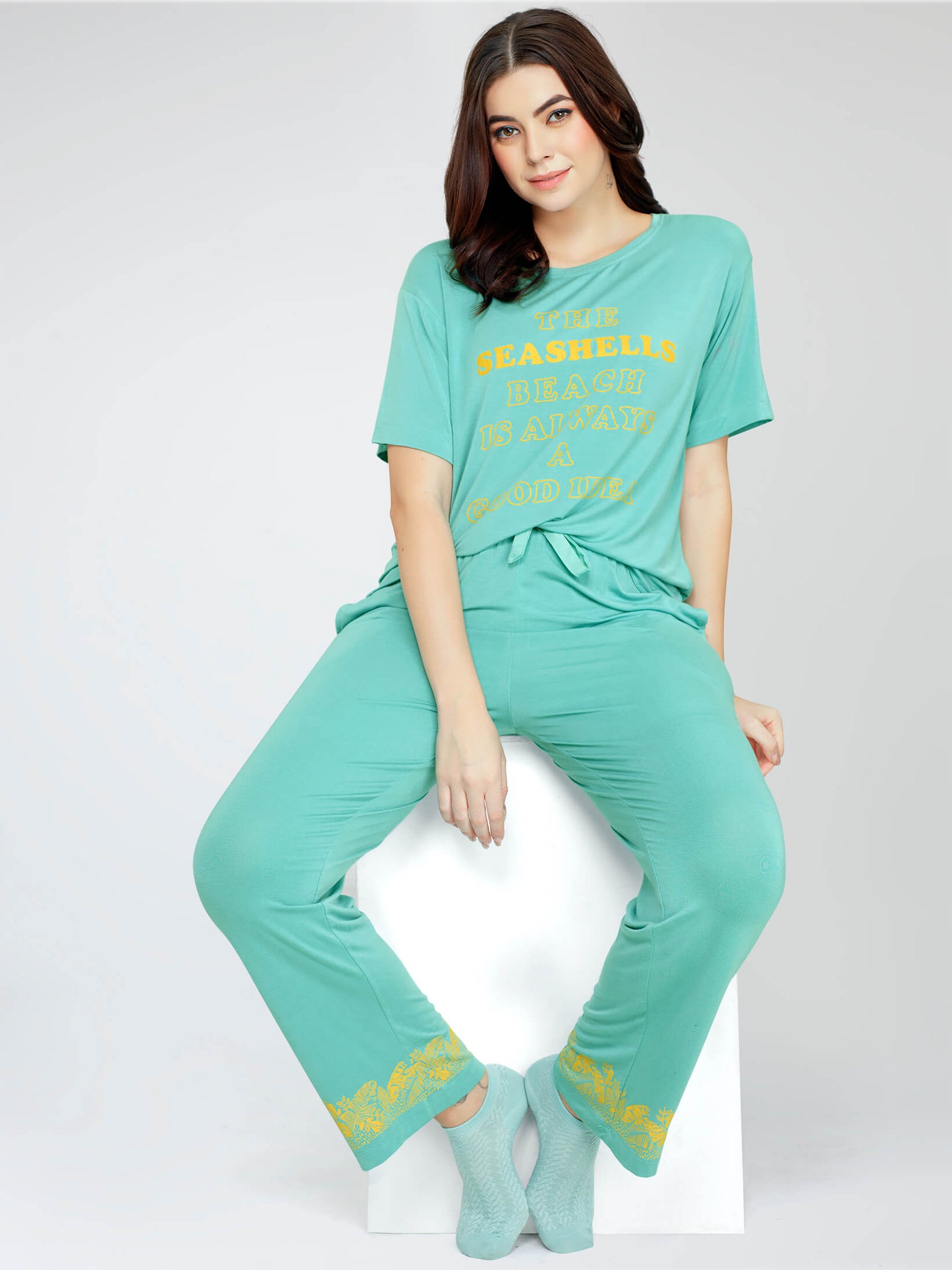 ZEYO Women's Viscose Green Typography Printed Night Suit Set of Top & Pyjama