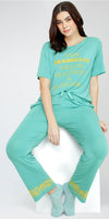 ZEYO Women's Viscose Green Typography Printed Night Suit Set of Top & Pyjama