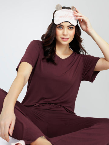 ZEYO Women's Viscose Brown Solid Plain Night Suit Set of Top & Pyjama