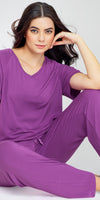 ZEYO Women's Viscose Purple Solid Plain Night Suit Set of Top & Pyjama