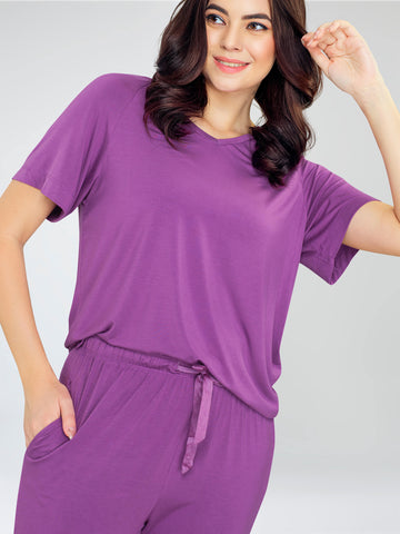 ZEYO Women's Viscose Purple Solid Plain Night Suit Set of Top & Pyjama