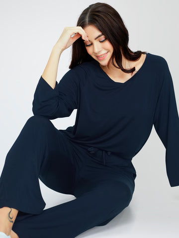 ZEYO Women's Viscose Navy Blue Solid Plain Night Suit Set of Top & Pyjama