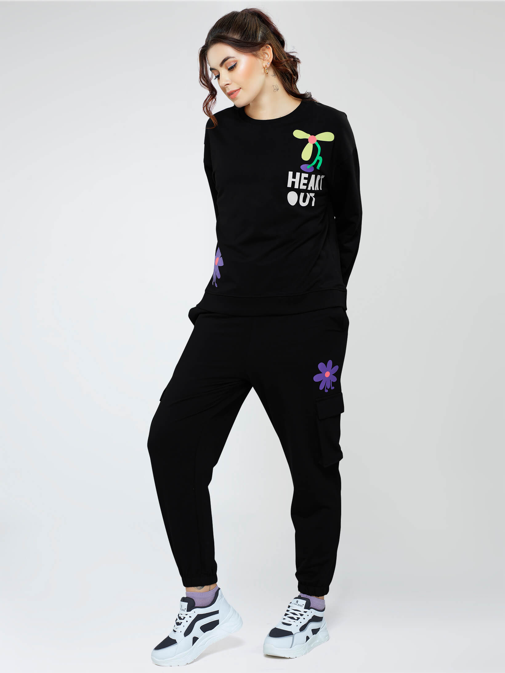 ZEYO Women Cotton Black Track suit Conversational Printed Co-ords set