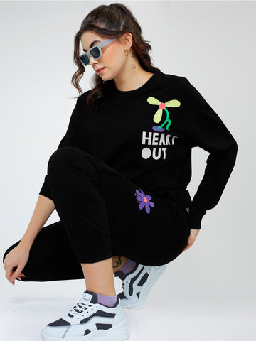 ZEYO Women Cotton Black Track suit Conversational Printed Co-ords set