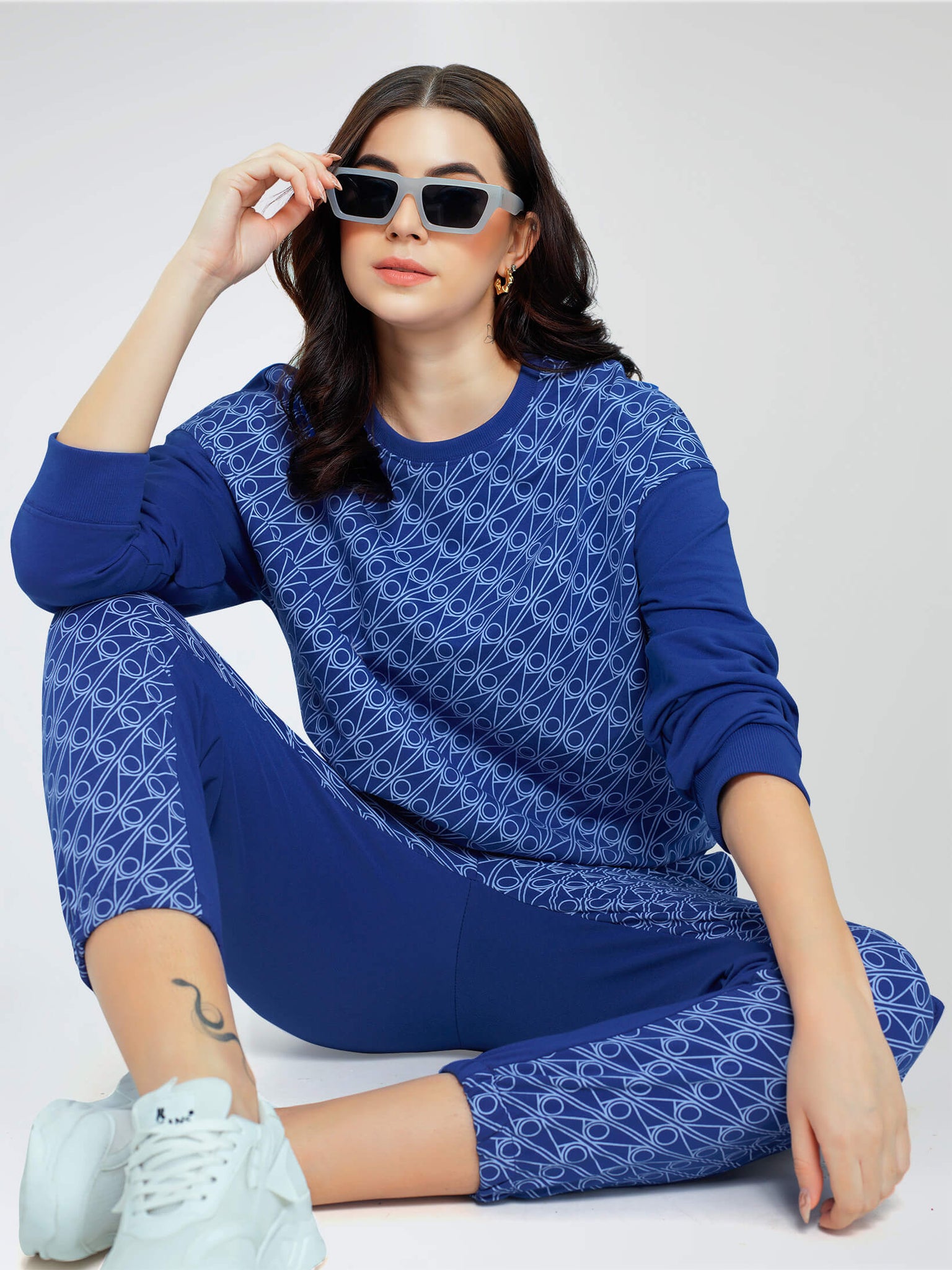 ZEYO Women Cotton Blue Track suit Geometric Printed Co-ords set