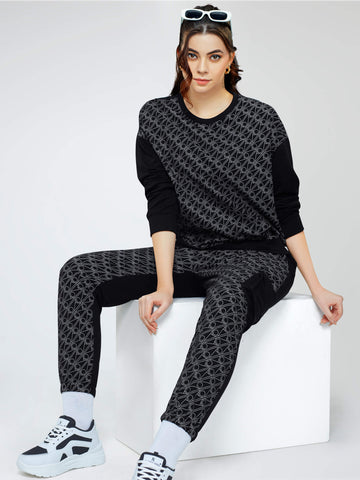 ZEYO Women Cotton Black Track suit Geometric Printed Co-ords set