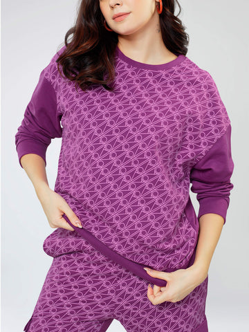 ZEYO Women Cotton Purple Track suit Geometric Printed Co-ords set