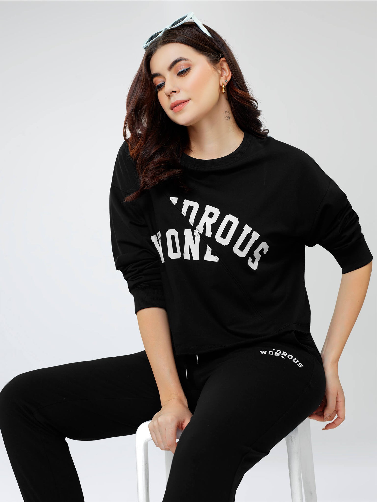 ZEYO Women Cotton Black Track suit Typography Printed Crop Top Co-ords set