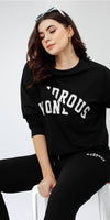 ZEYO Women Cotton Black Track suit Typography Printed Crop Top Co-ords set