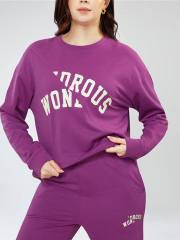 ZEYO Women Cotton Purple Track suit Typography Printed Crop Top Co-ords set