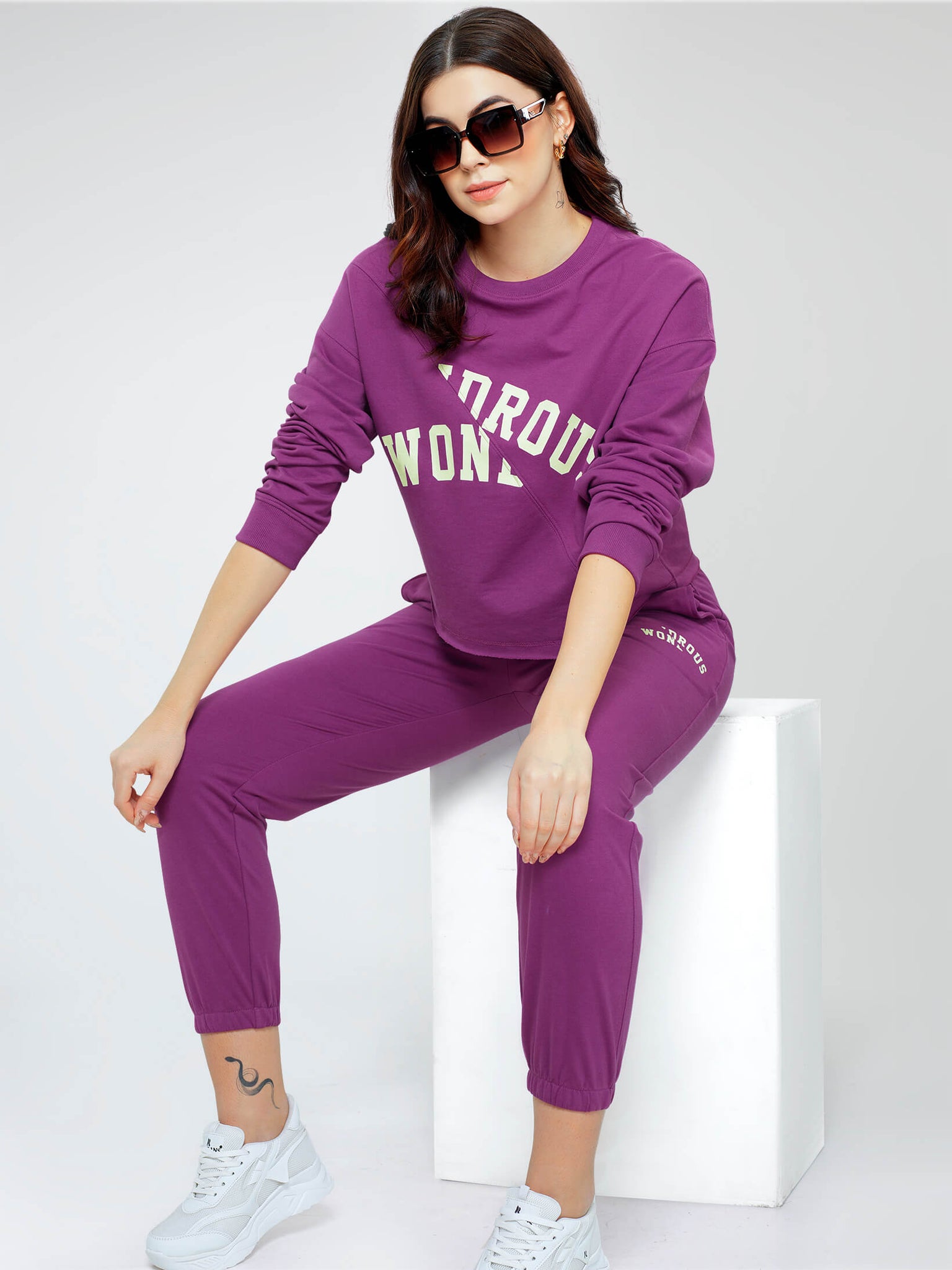 ZEYO Women Cotton Purple Track suit Typography Printed Crop Top Co-ords set