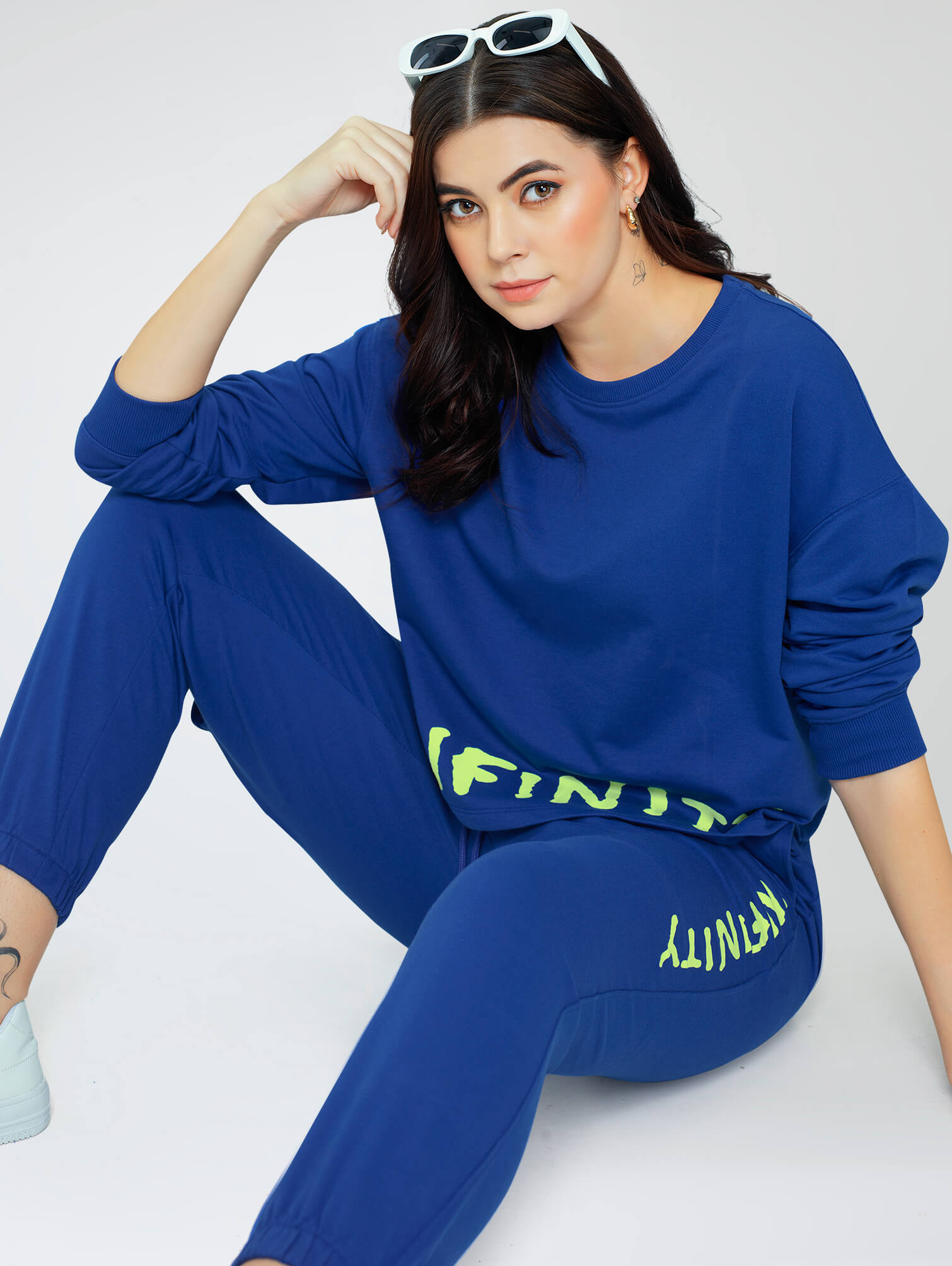 ZEYO Women Cotton Blue Track suit Typography Printed Crop Top Co-ords set