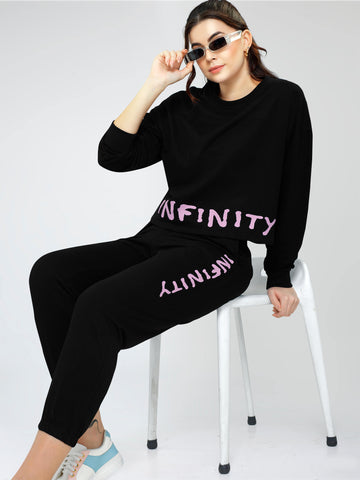 ZEYO Women Cotton Black Track suit Typography Printed Crop Top Co-ords set