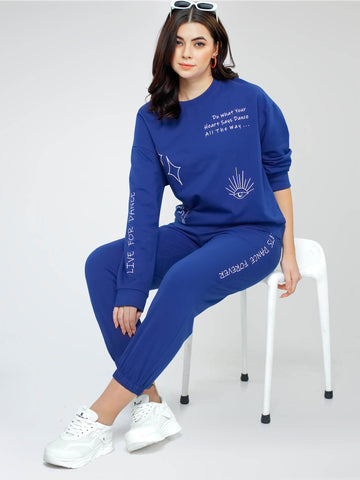 ZEYO Women Cotton Blue Track suit Conversational Printed Co-ords set