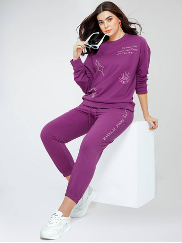 ZEYO Women Cotton Purple Track suit Conversational Printed Co-ords set