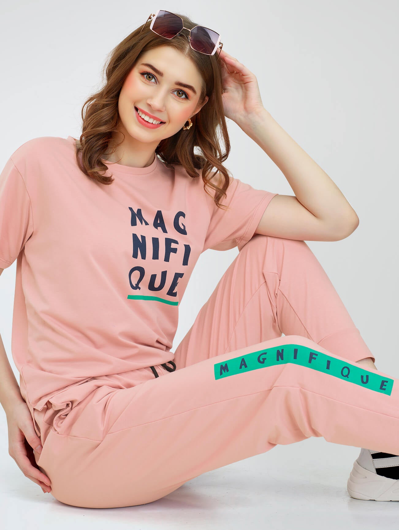 ZEYO Women's Cotton Peach Typography Printed Night Suit Set of Top & Joggers
