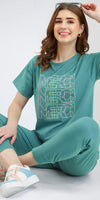 ZEYO Women's Cotton Green Typography Printed Night Suit Set of Top & Joggers