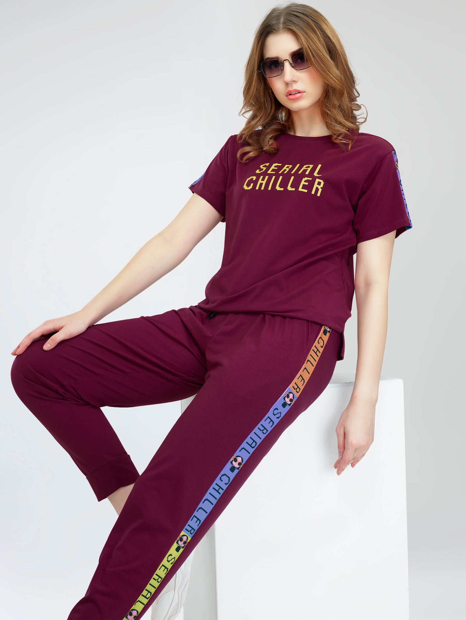 ZEYO Women's Cotton Maroon Typography Side Striped Night Suit Set of Top & Joggers