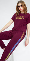 ZEYO Women's Cotton Maroon Typography Side Striped Night Suit Set of Top & Joggers