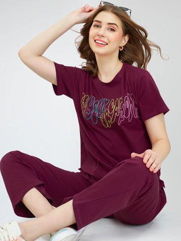 ZEYO Women's Cotton Maroon Typography Wide Bottom Night Suit Set of Top & Pyjama