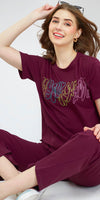 ZEYO Women's Cotton Maroon Typography Wide Bottom Night Suit Set of Top & Pyjama